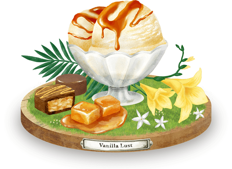 イラスト：Vanilla Lustの香りのイメージ（バニラアイス、チョコレート、キャラメル、バニラの花）